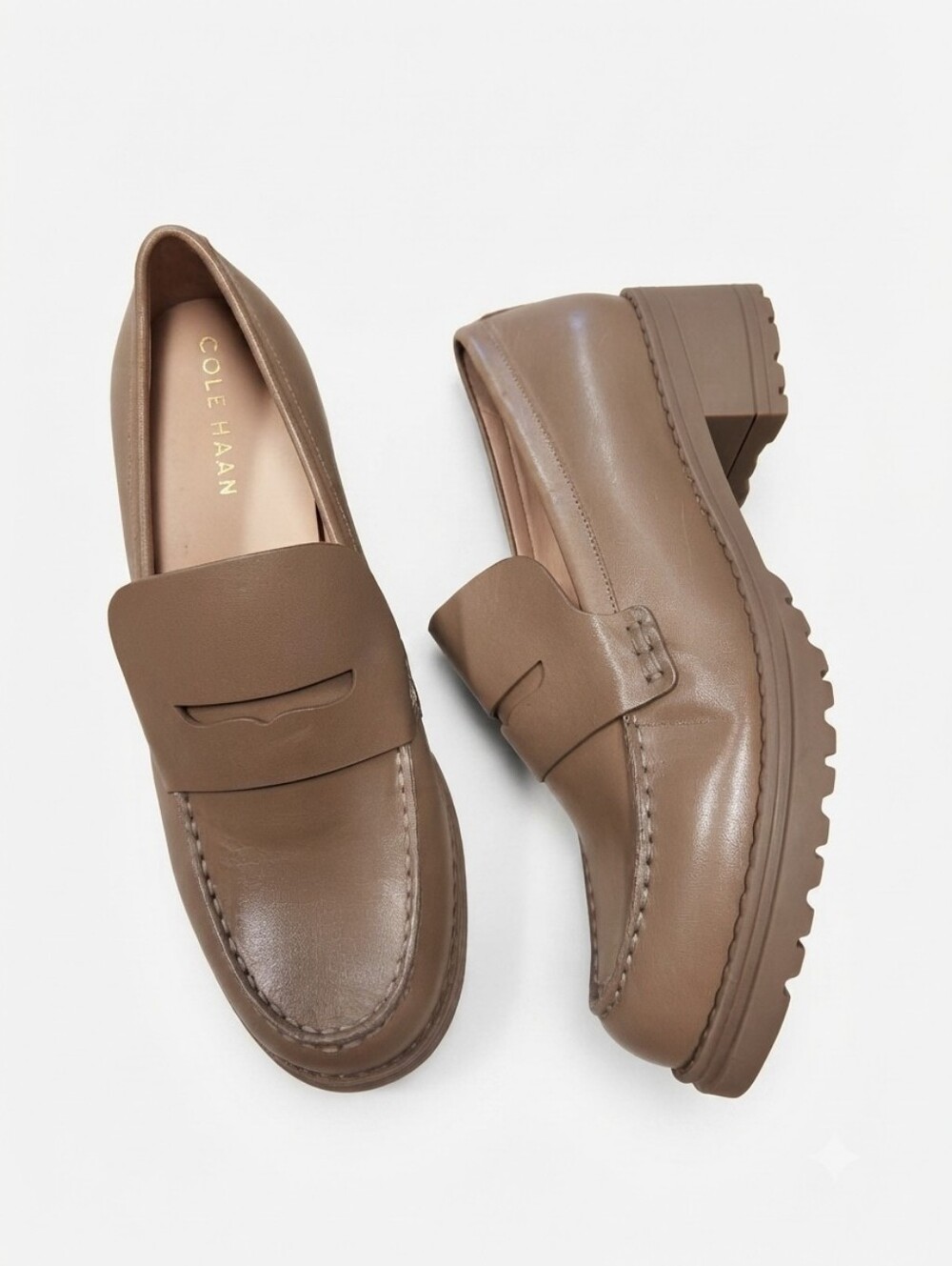 Cole Haan Camea Irish Coffee Leather Rounded Toe Slip On Block Heeled Loafers